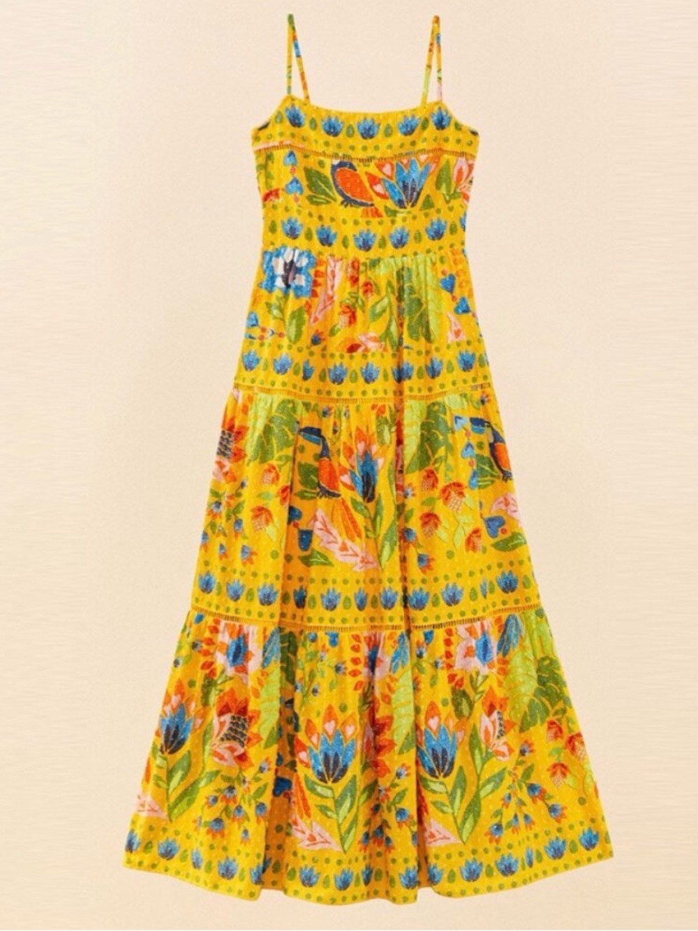 Farm Rio Yellow Summer Garden Sleeveless Maxi Dress Floral Bird Print - Picture 2 of 11